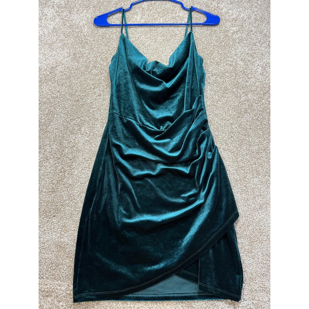 Windsor Womens Emerald Green Velvet Cowl Neck Ruched Mini Wrap Dress Large Party